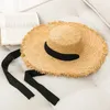 Wide Brim Hats Summer Women Beach Raffia Black White Ribbon Hand Weave Bow Hat Temperament Flat Cap Straw Women's Seaside