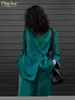 女性のスーツブレザークレイシブファッション長袖ブレザー2ピースセット女性はカジュアルルーズオフィスパンツセットエレガントな緑のサテンスーツ221008