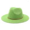 Wide Brim Hats Summer Women Hat Adjustable Flat Top Men's And Women's Straw Fedora Sun Beach Jazz Fluorescent Yellow