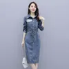 Vestidos casuais moda jeans jeans vestido mulher jeans vintage mangas compridas vestidos azuis