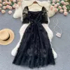 French Little Fragrant Dress Small Popular Design Mesh Bowknot High end Fashionable Square Neck Bubble Sleeve A-line Dress