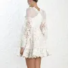 Casual jurken Runway Dress Designer 2022 Autumn Women Hoge kwaliteit V-Neck Lantern Sleeve White Lace Patchwork A-Line Mini Vestidos