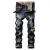 Men's Jeans EVJSUSE street personality painted jeans men straight hole men's trousers Manual abrasion ripped retro blue 221008