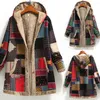 Abrigo con capucha de lana de invierno para mujer # 39; s con bolsillo Cachemira Grueso Empalme Plus Chaqueta Retro Manga larga Suelta Algodón Lino Impreso