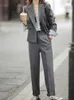 Kadınlar Suits Blazers Sonbahar İş Giysileri 2 Parçalı Blazer Set Kadın İş Takım Kırış Pantolonları Yüksek Bel Kalem Pantolon Kadın Moda Gri Pantolonlar Kıyafetler 221008