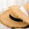 Wide Brim Hats Summer Women Beach Raffia Black White Ribbon Hand Weave Bow Hat Temperament Flat Cap Straw Women's Seaside