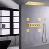 Conjuntos de chuveiro de banheiro Conjunto de cabeça termostática de ouro escovados 620 320mm LED com música Recursos de banho de teto incorporado