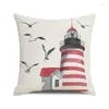 Pillow Case Throw Cover Watercolor Lighthouse Navigation Ocean Seagull Boat Home Sofa Cushion Decor Pillowcase 40x40 Cm