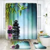 Tende da doccia Bambù verde Nero Zen Lake Stones Set di tende Tappeto antiscivolo Copriwater Coperchio Tappetino da bagno Candela Lotus Decorazioni per il bagno