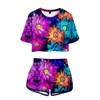 Women's T Shirts Nes Colorful Flowers Rose Two Piece Set Chrysanthemum Sunflower Women Sexy Shorts Lovely T-shirt Beautiful Girls Sport