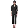 Damen Zweiteilige Hosen Frau 2 schwarze Hosenanzüge formelle Damen Büro OL Uniform Designs Frauen elegante Business Arbeitskleidung Jacke mit