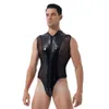 Herrkroppsformar herr underkläder dubbel blixtlås högklippt thong leotard bodysuit glänsande metalliskt patent läder klubbkläder ren nät skarv