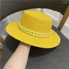 Wide Brim Hats Summer Women Hat Adjustable Flat Top Men's And Women's Straw Fedora Sun Beach Jazz Fluorescent Yellow