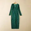 Spring Round Neck Lace Glitter Pencil Dress Green / Pink Panelled Sheer Tulle Long Sleeve Mid-Calf Midi Casual Dresses S2O080116