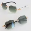 Lyxig Moissanite Diamond Set Rimless Solglasögon Womans Original White Inside Black Buffalo Horn Men 8200762 Carved Lens Sun Glasses Mane and Female 18k Gold Size 60 60