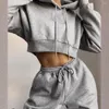 Women's Two Piece Pants 1 Set Hoodies Hooded Drawstring Women Long Sleeve Crop Top Pockets Trousers For Sports