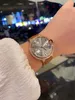 36mm klassische römische Zahl Uhren neue Frauen Quarz-Armbanduhr braunes Lederarmband weibliche Rose Gold Zirkon Uhr graues Zifferblatt