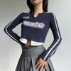 Womens TShirt Casual Long Sleeve Striped Crop Top Women Vintage Letter Print Tshirt Y2k Bodycon Tee Korean Autumn Clothes Streetwear 221008