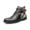 Boots 2022 Men Pu Leather Buckle Design Plaid Ankle High Fashion Casual Top Quality Low Heel Assorted Male