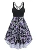 Lässige Kleider ROSEGAL Damen High Low Gothic Vestidos Totenkopf Rosendruck Crisscross Cut Out Midikleid oder Galaxy Frontreißverschluss