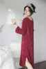 Женская одежда для сна Красное бархатное пижама платье O-образное с длинным рукавом женщины спят домашний одежда Dza233