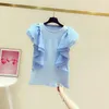 Women's T Shirts Blue T-Shirts Women 2022 Summer Three-Dimensional Large Ruffle Sleeve Patchwork Round Neck Shirt Ladies Tops