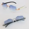 Lyxig Moissanite Diamond Set Rimless Solglasögon Womans Original White Inside Black Buffalo Horn Men 8200762 Carved Lens Sun Glasses Mane and Female 18k Gold Size 60 60