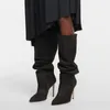Сапоги, осень 2022, женские остроконечные серые замшевые пикантные универсальные ботинки до колена на ультра-высоком тонком каблуке с рукавами