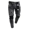 Jeans masculinos Men elástico rasgado para motociclista de border de bordado jeans Destruído Hole gravado Slim Fit Denim Screted Jean 221008