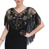 Halsdukar kvinnor 1920 -tals paljett sjal med tofsar pärlor pearl franse ren mesh wraps gatsby flapper bolero cape cover up5879871