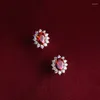 Stud Earrings Dainty Red Oval Stone Female Luxury Crystal Ruby Real 925 Sterling Silver Gold Wedding For Women