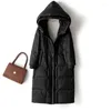 Damen Daunenjacke, schwarz, lang, Damen-Schneejacke, Winter, 90 % weiße Ente, mit Kapuze, lockerer Mantel, winddicht, verdickt, Parkas, Oberbekleidung, weiblich