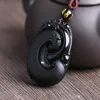 ペンダントネックレス高品質の天然黒曜石の石のネックレス手彫り中国ruyi男性のためのラッキー