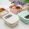 Servis upps￤ttningar Bambu Fiber Grid Lunch Box Microwavable Hermetic Bento Child's Student Adults Containrar Fashion Rectangle