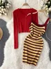 Vestido de duas peças Sirreiny Autumn Fashion Sexy Knits Conjuntos de manga longa Cardigan Top Slim listrado Cami ol Pieces Sutis 221010