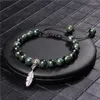 Bracelet tressé en perles de pierre d'onyx naturel brin hommes Vintage argent couleur plume pendentif pour femmes Homme bijoux cadeau Pulsera