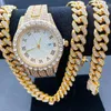 Цепи 3 шт. ювелирные изделия в стиле хип-хоп для мужчин, женщин и мальчиков, часы со льдом, ожерелье, браслет, блестящий бриллиант, кубинская цепочка, колье, золотой комплект ювелирных изделий, гот