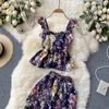 Women's Tracksuits 2022 Summer Ladies Suit Retro Holiday Style Sweet Floral Sling Blouse Female High-waist Bloomers Two-piece Trend