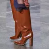 2022 cuero de dama Martin Boots cuadrados gruesos tacones de madera Caballero plisado Cordón patrón mujeres hasta la rodilla botines saqueo dedos de los pies rodilla larga zapatos de boda tamaño 34-43