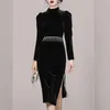 Casual Dresses 2022 Fashion Autumn Winter Velvet Black Dress Vintage Women Stand-Up Collar Tassel Chain Puff Sleeve Bodycon Split Party