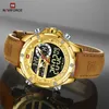 WristWatches NaviForce luksusowe złote zegarki dla mężczyzn Casual Sport Chronograph alarm kwarcowy zegarek skórzany wodoodporny zegar cyfrowy 9163 221010