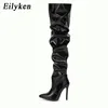 Botas Eilyken de alta qualidade Plazed Leather Motorcycle Over the Knee Women Fashion Fashion Poe Toe Thigh Lady Shoes 221010