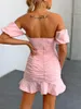 Casual Dresses Pink Sexy Women Dress For Evening Party High Waist Slim Off The Shoulder Female Bodycon Backless Sleeveless Femme Robe