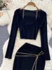 Two Piece Dress SINGREINY Halter Chain Women Pieces Suits Fashion Long Sleeve Mini Top High Waist Midi Bodycon Autumn Solid Sexy Sets 221010