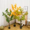 Artificial Flowers Red Maple Tree Potted Ginkgo Leaf Bonsai Plant For Home Living Room Garden Restaurant Floor Ornament