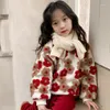 Jacken 3934D Kinderpullover oder Cordhose 2022 Winter Korean Stereo Blumen Mädchen Fleece Warmer Pullover Rote Hose