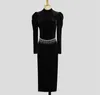 Casual Dresses 2022 Fashion Autumn Winter Velvet Black Dress Vintage Women Stand-Up Collar Tassel Chain Puff Sleeve Bodycon Split Party