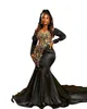 2022 Luxury Sexy Black Mermaid Evening Dresses Wear Scoop Neck Gold Crystal Beaded Illusion Long Sleeves Formal Party Dress Prom Gowns Plus Size