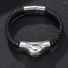Charm Bracelets Men Black Leather Bracelet Punk Skull Pattern Stainless Steel Magnetic Buckle Braided Wrist Band Gifts ST0269