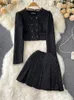 Vestido de dos piezas Vintage Fragancia pequeña 2 Set Mujeres Chaqueta corta de manga larga Abrigo Falda plisada Trajes Conjuntos de moda coreana 221010